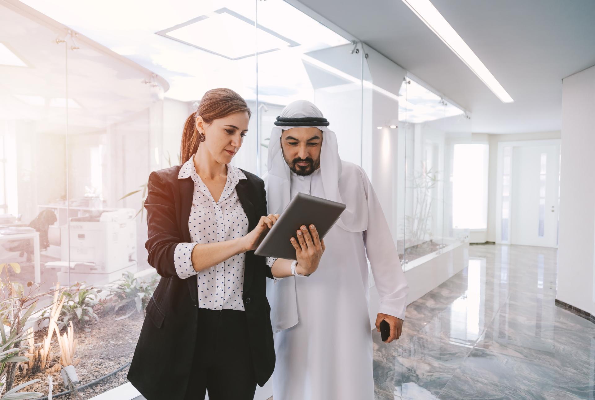 Executive Businesswoman having conversation with a Arab Businessman